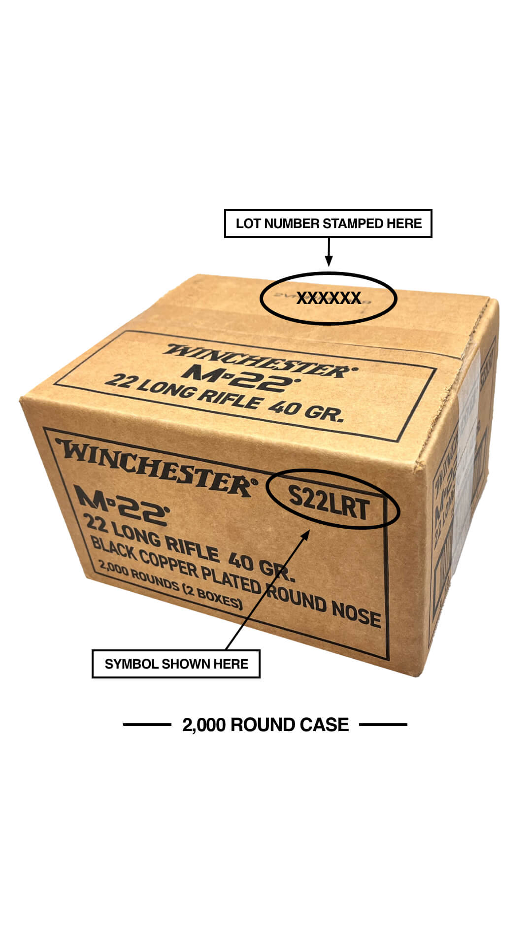 Image of S22LRT 2000-round ammo box illustrated to show the product symbol shown on the side in the upper right of the case box and the lot number is stamped on the top of the case box